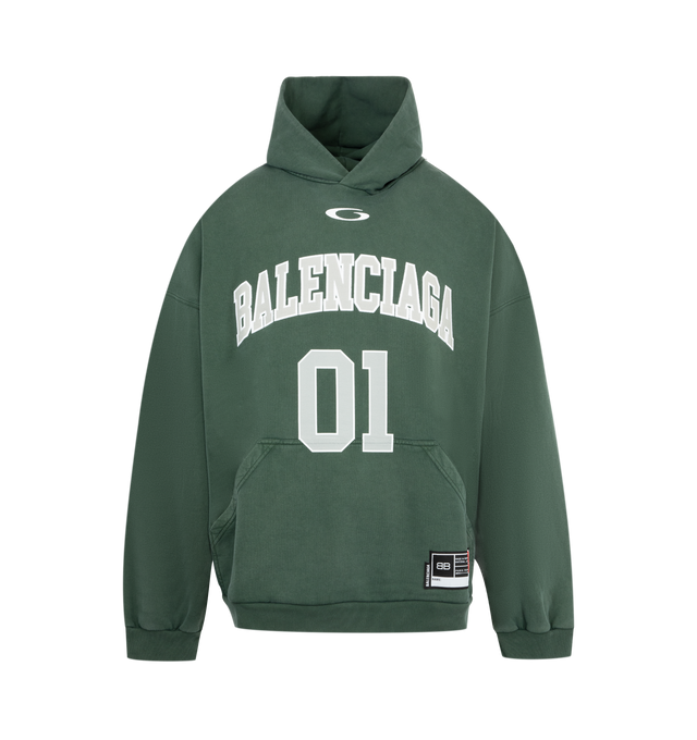 Image 1 of 2 - GREEN - BALENCIAGA Basketball Hoodie Large Fit featuring dry fleece, hood without drawstring, dropped shoulders, 1 kangaroo pocket on front, gathered at cuffs and waistline and Basketball artworks embroidered at front and back. 100% cotton. Made in Portugal.