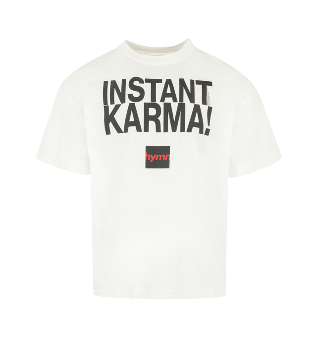 Image 1 of 2 - WHITE - SAINT MICHAEL John Lennon Instant Karma T-Shirt featuring crew neck, short sleeves, regular fit and screen print graphic on front and back. 100% cotton. Made in Japan.
