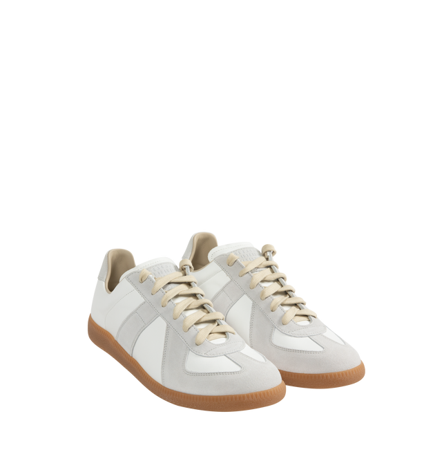 Image 2 of 6 - WHITE - Maison Margiela Replica Sneakers featuring lace-up sneakers in buffed nappa calfskin and calfskin suede, contrasting sole, Maison Margiela logo label on the tab, internal Replica label, internal elastic and all-over Maison Margiela logo insole. 100% calf leather. Sole: 100% rubber. Made in Italy.