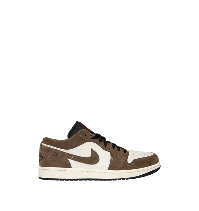 Image 1 of 5 - BROWN - Air Jordan 1 Low Sneakers feature a genuine leather & suede upper with the iconic low-top silhouette for a clean, timeless heritage look. These lifestyle sneakers combine encapsulated Air-Sole cushioning with a durable rubber outsole for lightweight comfort, lasting support, and reliable everyday traction. Main Material: Genuine Leather. Midsole: Encapsulated Air-Sole Unit. Sole: Rubber.