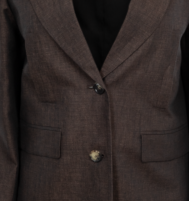 Image 3 of 3 - BROWN - LOEWE Tailored Jacket featuring slim fit, regular length, single breasted, notch lapels, split cuffs, button front fastening, LOEWE engraved horn buttons, vertical chest welt pockets, flap pockets and fully lined. Linen. Made in Italy. 