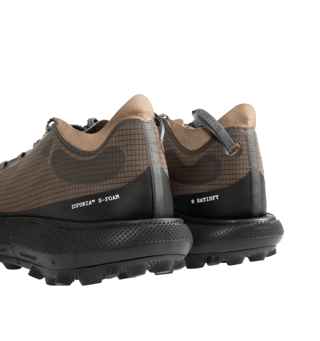 Image 3 of 5 - BROWN - SATISFY The Rocker Sneaker featuring Rippy 66 mesh upper with Vibram rubber sole, asymmetrical lace-up front, Cushioned Euforia Super Foam footbed, TuneLug outsole for enhanced grip, control, and edge hold on technical descents, Rippy 66 monomesh for strength, durability, breathability, and resilience, notched, textured laces and back pull tab.