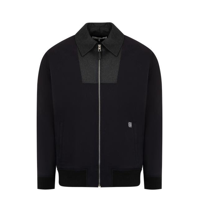 Image 1 of 3 - NAVY - LOEWE Tracksuit Jacket in medium-weight wool flannel featuring a contrast bib and contrast piping on the sleeves, relaxed fit, regular length, classic collar, zip front fastening with Puzzle puller, zipped vertical welt pockets, rib knit cuffs and hem, fully lined and anagram embroidery placed at the front. Wool. Made in Portugal.