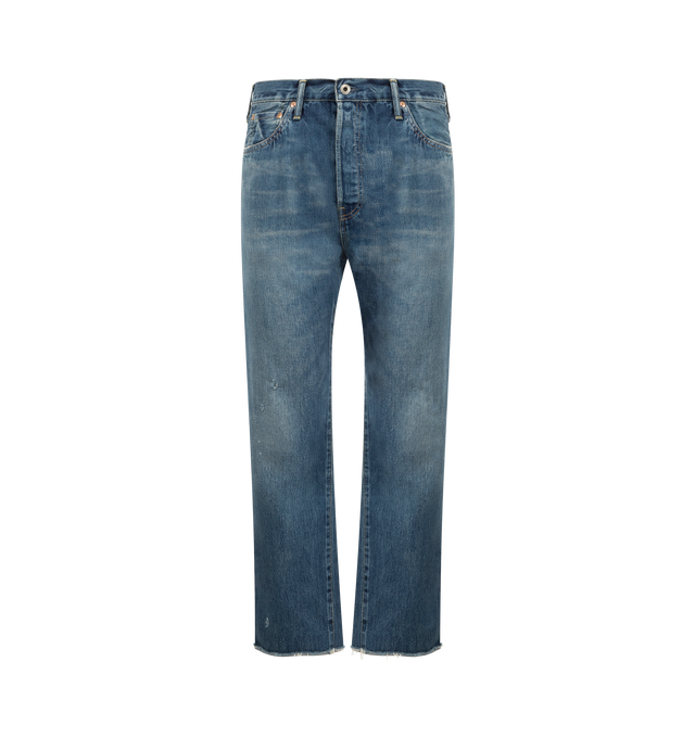 Image 1 of 3 - BLUE - CHIMALA 13.5oz Selvedge Denim Used Ankle Cut Jean featuring mid-rise, classic 5 pocket style, zip fly and button closure, straight cut and unique distressing throughout. 100% cotton.