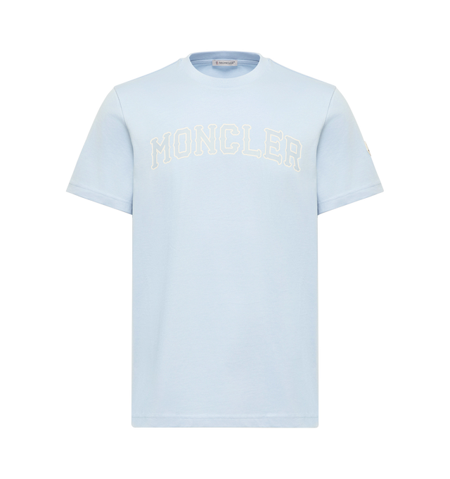 Image 1 of 1 - BLUE - Moncler Mens Logo Cotton T-Shirt is crafted from cotton jersey and features a classic crew neck, short sleeves, a printed Moncler logo, and a signature logo patch. This designer cotton T-shirt combines a timeless crewneck silhouette with elevated logo detailing for versatile everyday wear. Main Material: 100% Cotton; Collar: 100% Cotton. Made in Turkey.