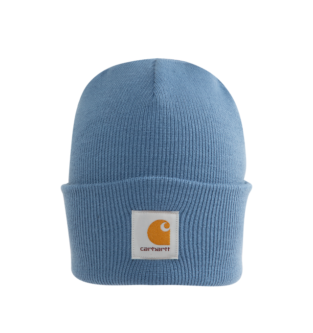 Image 1 of 2 - BLUE - CARHARTT WIP Acrylic Watch Hat featuring a stretchy rib knit, woven Carhartt WIP label on the front and fold over brim. 100% acrylic, 9 gauge.