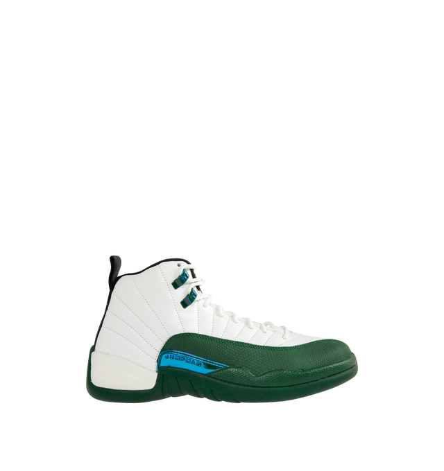 Image 1 of 5 - GREEN - Air Jordan 12 Retro 'Bucks' Sneakers are crafted from premium leather and feature a Summit White upper with sunrise-inspired stitch lines and Gorge Green overlays inspired by early-2000s player exclusives. Designed with a classic basketball silhouette, they are finished with Jumpman branding, Air Zoom cushioning, and a durable rubber outsole for comfort and performance. Main Material: Leather. Cushioning: Full-length Air Zoom. Sole: Rubber. Made for men.