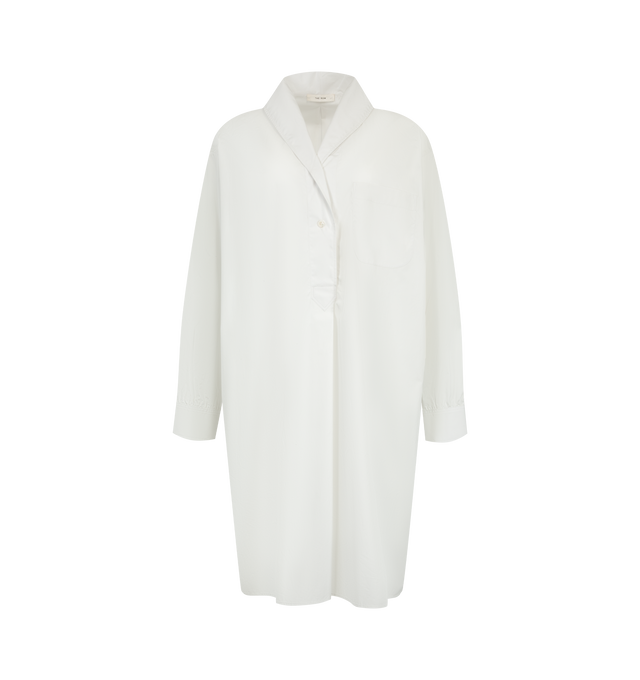 Image 1 of 2 - WHITE - The Row Women's Eryn Top is crafted from luxurious Sea Island cotton poplin and features a shawl collar, an exposed half-placket button closure, a single chest patch pocket, and a center back box pleat for a relaxed, refined silhouette. This designer cotton shirt combines exceptional Italian craftsmanship with one of the world's rarest cotton varieties, offering a silky-soft hand, crisp structure, and breathable comfort for effortless everyday wear. Main Material: 100% Sea Island Cott