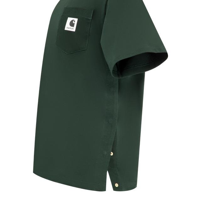 Image 3 of 3 - GREEN - SACAI X CARHARTT WIP Short-Sleeve Cotton-Jersey T-Shirt featuring relaxed fit, crew neck, ribbed trim at neck, short sleeves, patch pocket at chest and logo appliqu at chest pocket. 100% cotton.
