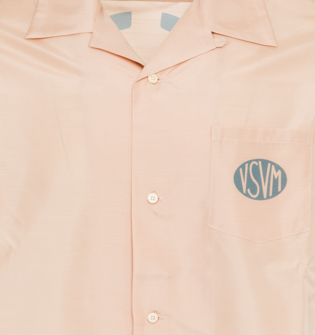 Image 3 of 4 - PINK - VISVIM Crosby Silk Shirt featuring short sleeves, spread collar, button front closure, patch pocket on chest and logo on front and back. 100% silk.  