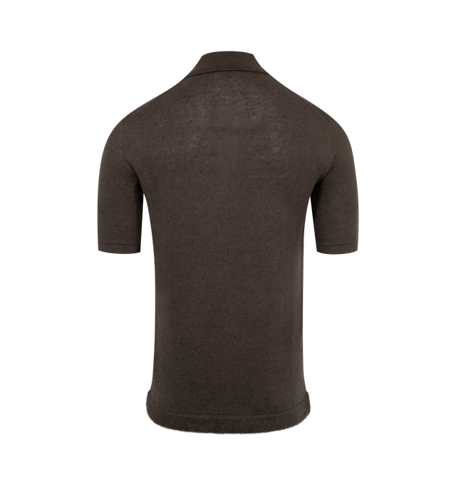 Image 2 of 2 - BROWN - BOTTEGA VENETA Lightweight Linen Polo featuring triangle pocket detail, regular fit, short sleeves, polo collar and three button placket. 100% linen. Made in Italy.