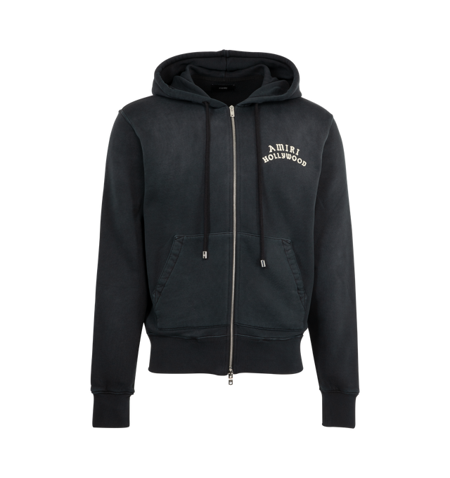Image 1 of 2 - BLACK - AMIRI Hollywood Zip Hoodie featuring kangaroo pocket, double-zip closure, fixed hood and graphic logo on front and back. 100% cotton.