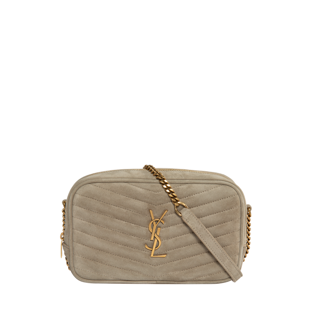 Image 1 of 3 - NEUTRAL - SAINT LAURENT Lou Mini Bag in Suede featuring zip closure, leather and chain shoulder strap, one flat pocket at the back, one main compartment and 3 card slots. 7.5 X 4.1 X 2 inches. Strap drop: 22.4 inches. 70% calfskin leather, 30% metal.  