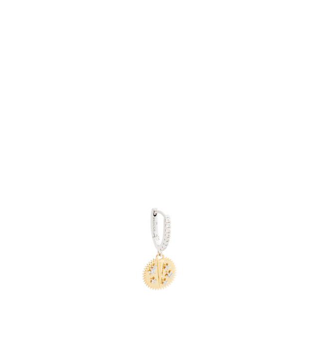 Image 1 of 2 - GOLD - FOUNDRAE Resilience Miniature Medallion Earring featuring 18k yellow gold, diamond weight: 0.0798 ct, ear hoop measures 11.2 mm in height, Resilience mini medallion measures 10 mm in diameter, hinge closure, sold individually and 18k white gold is plated with rhodium to maintain its brilliance. For personal consultation and detailed information about jewelry, please contact our dedicated stylist team at personalshopping@hirshleifers.com.