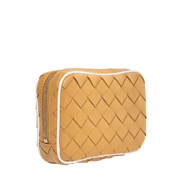 Image 2 of 3 - NEUTRAL - Bottega Veneta Teen zipped pouch in Intrecciato calf leather with contrasted piping. Features interior leather tag with embossed logo, zipper closure, canvas lining, silver finish hardware. Measures 3.9" high x 5.7" wide X 1.2" deep. Made in Italy.