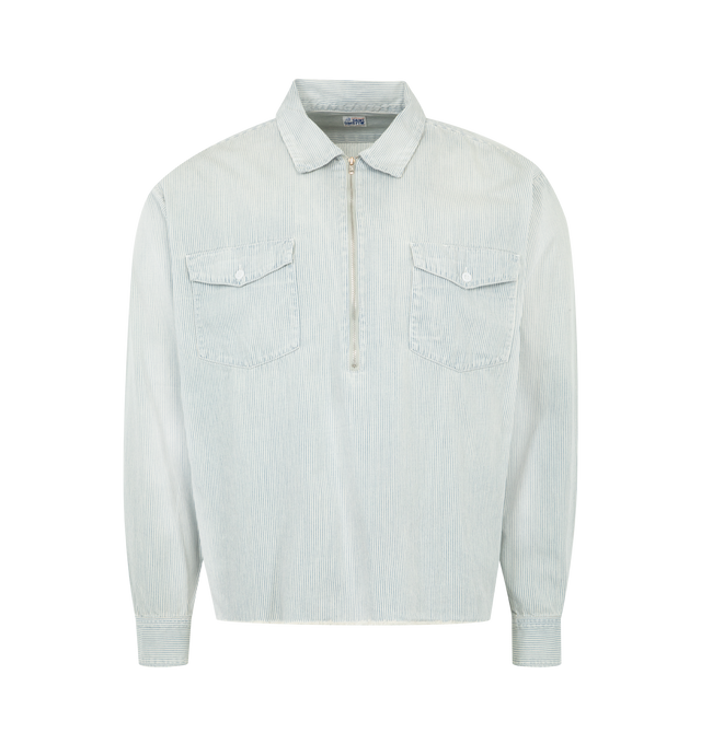 Image 1 of 2 - BLUE - SAINT MICHAEL Hickory Stripe Shirt featuring quarter zip with collar, two chest pockets with button flap, long sleeves with button cuffs and stripes throughout. 100% cotton.