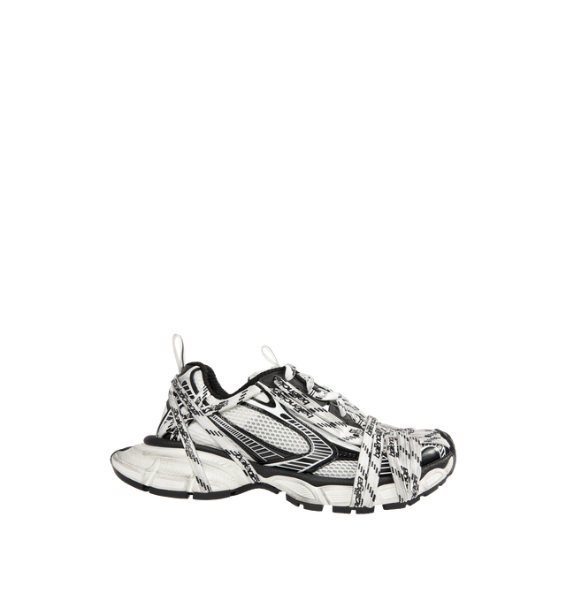 Image 1 of 5 - WHITE - BALENCIAGA 3XL Extreme Laces Logo Sneaker featuring worn-out effect, multiple lace details with Balenciaga logo all around the upper and on the sole, Balenciaga logo at the edge of the toe and at back, embossed size on the upper and at the back of the heel, 3XL rubber branding on the tongue with reflective detail and back and tongue pull-on tab with reflective detail. Upper: polyester, polyurethane. Sole: rubber, EVA. Insole: foam. Made in China.