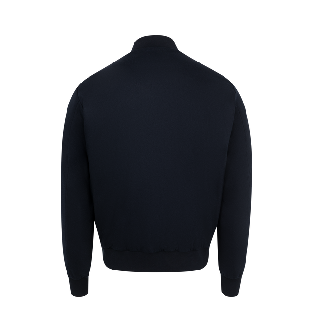 Image 2 of 4 - NAVY - Moncler Villerest Bomber has a baseball collar, a 2-way zip front, side pockets, band-finished cuffs and hem, and a leather logo patch. Down and feather fill. Nylon, polyamide, cashmere, and leather. Made in Romania.