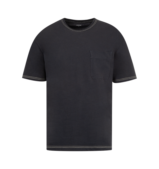 Image 1 of 2 - BLACK - LEMAIRE Boxy Short Sleeve T-Shirt featuring boxy fit, short sleeves, chest patch pocket and contrast stitching. 70% cotton, 30% linen. Made in Portugal.