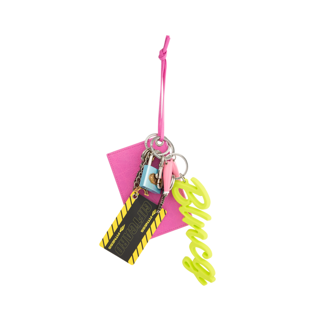 Image 1 of 3 - PINK - BALENCIAGA Charm/keychain Subway Mirror featuring 1 snapped hook, 1 removable mirror, aged-silver hardware, BB and Balenciaga logos engraved, can be attached to the bag or be used as a keychain. L4.7 x H13.7 x W0.79 inch. Arena Storico lambskin, brass, silicone, plastic, zamak. Made in Italy.