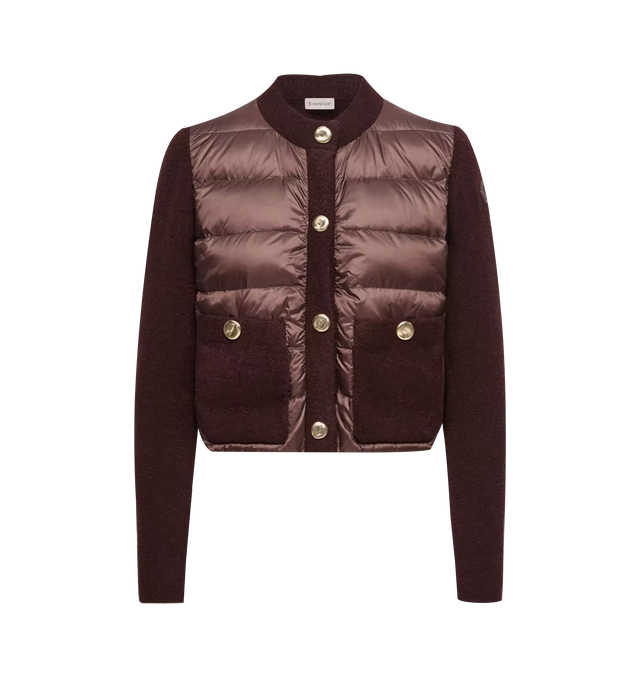 Image 1 of 1 - BROWN - Moncler Women's Boucl Wool Blend Padded Cardigan is crafted from a boucl wool blend and features a down-filled longue saison quilted front, a snap-button closure, and patch pockets with snap-button closures. Designed in a loose fit, this hybrid style combines textured knitwear with lightweight insulated paneling for added warmth and comfort. Main Material: 64% Virgin Wool, 35% Polyamide/Nylon, 1% Elastane. Front: 100% Polyamide/Nylon. Front Lining: 100% Polyamide/Nylon. Padding: 90% D