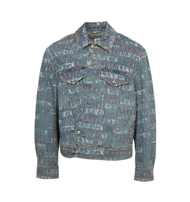 Image 1 of 3 - BLUE - LANVIN LAB X FUTURE Cross Front Denim Jacket featuring exclusive Lanvin print, spread collar, cross front button closure and flap and seam pockets. 100% cotton. Made in Italy. 