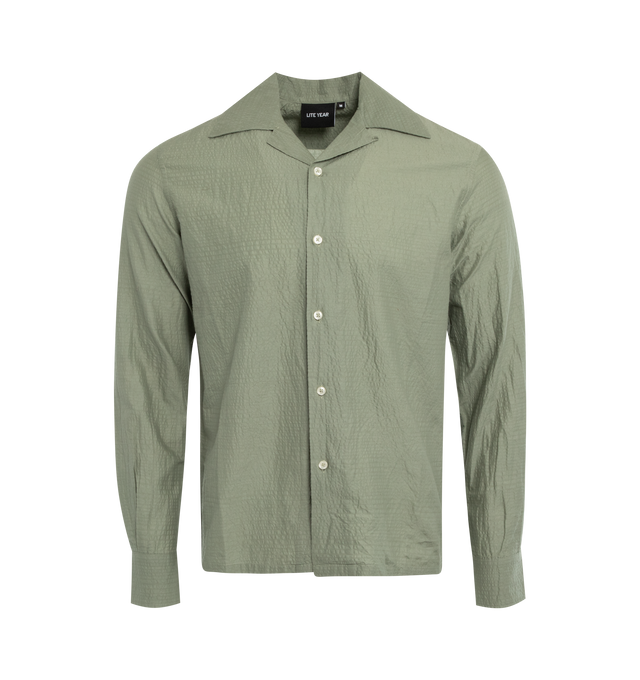 Image 1 of 2 - GREEN - LITE YEAR Camp Collar Shirt featuring button up closure, button cuffs and Japanese Miracle Wave fabric, soft and durable. 100% cotton. 