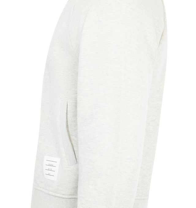Image 3 of 3 - GREY - THOM BROWNE Pique Loopback Bomber Sweatshirt featuring french terry sweatshirt, rib-knit stand collar, hem, and cuffs, stripes at collar and cuffs, two-way zip closure, welt pockets and logo patch at front and tricolor grosgrain flag at back collar. 100% cotton. Made in Japan.