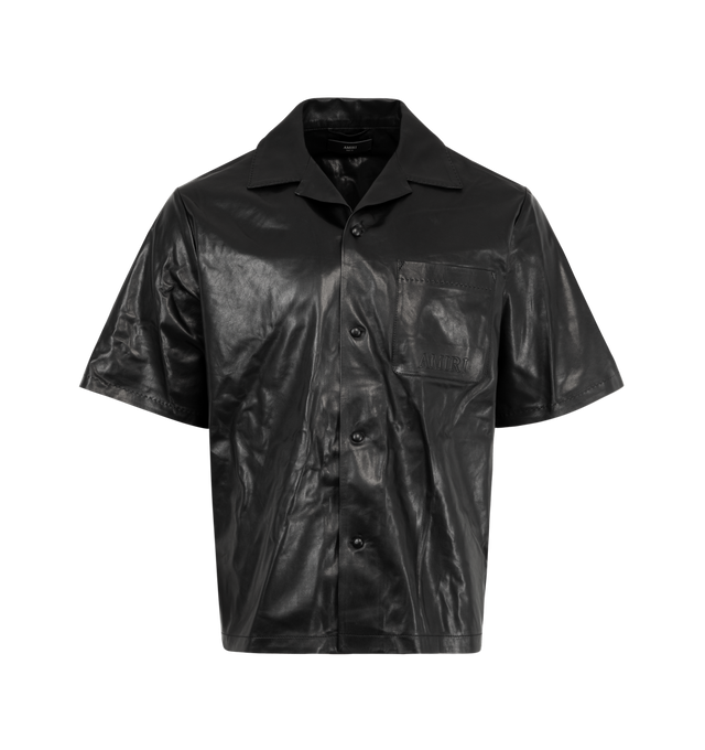 Image 1 of 2 - BLACK - AMIRI Lightweight Leather Camp Shirt featuring front button closure, chest slip pocket, front and back embossed logo detailing and midweight leather fabric. 100% lamb leather. Made in Turkey.