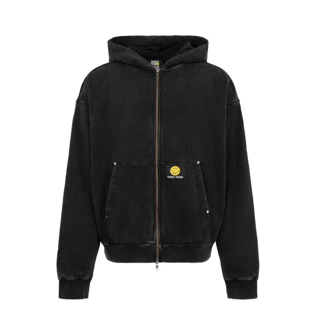 Image 1 of 2 - BLACK - The Smiley Core Zip Hoodie is crafted from 100% cotton with a washed finish. The thermal lined dual full-zip silhouette features a YKK dual zip closure, embroidered artwork at the back, and a signature Smiley label at the pocket.