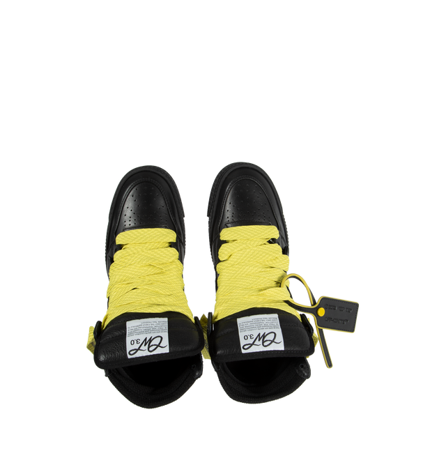Image 5 of 5 - BLACK - OFF-WHITE 3.0 OFF COURT CALF LEATHER are high top "Off-Court" 3.0 sneakers in black with Off-White logo on one side. Yellow and black labels detailing. Black rubber sole. Yellow lace-up closure. Outer: 30% Cotton Outer: 55% Leather Outer: 10% Polyamide Outer: 4% Polyester Sole: 100% Rubber Outer: 1% Elastane. 