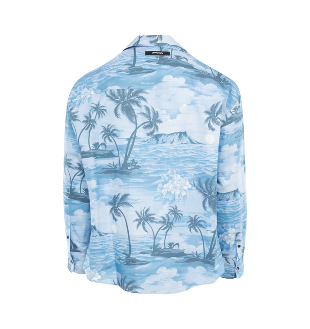 Image 2 of 2 - BLUE - PALM ANGELS Sunset Bowling Shirt featuring all-over graphic print, mini logo tag, cuban collar, front button fastening and long sleeves. 55% linen/flax, 45% cotton. 