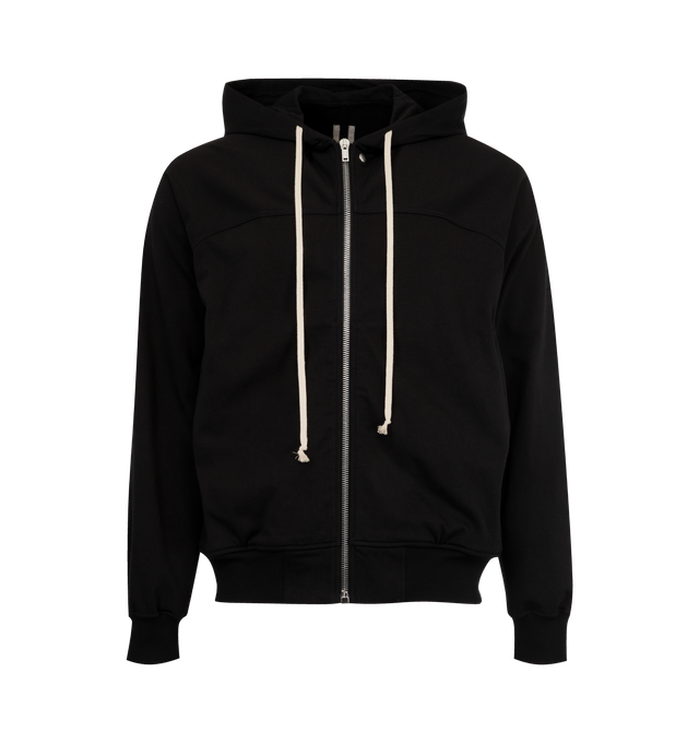 Image 1 of 3 - BLACK - RICK OWENS Windbreaker Hoodie featuring a paneled design, drawstrings at the hood, patch pockets at the waist, front zip closure and elasticized cuffs and hem. 100% cotton. Made in Italy.