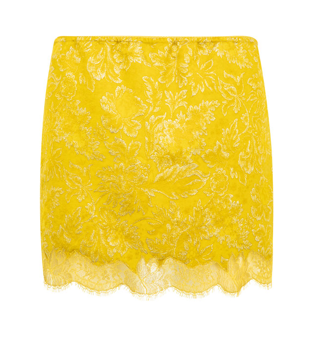 Image 1 of 2 - YELLOW - Saint Laurent mini skirt with an elasticized waist, decorated with a metallic floral jacquard motif and scalloped lace hem. Crafted from certified viscose with silk lining. Made in Italy.
