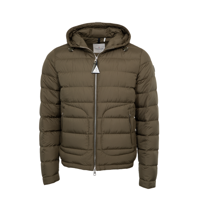 Image 1 of 3 - GREEN - MONCLER Sestriere Down Jacket featuring two-way zip, zipped side pockets, lightweight, hooded, gathered hem and press-stud cuffs. 100% polyamide. Filling: 90% down, 10% feathers. 