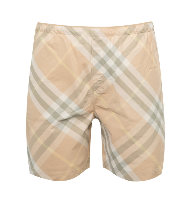 Image 1 of 3 - NEUTRAL - BURBERRY Check Swim Shorts featuring nylon twill, printed with the Burberry Check, relaxed fit, lined in mesh, elasticated waist with interior drawcord, side slip pockets and back press-stud welt pocket. 100% polyamide. Trim: 92% polyester, 8% elastane. Lining: 100% polyester. Made in Portugal. 
