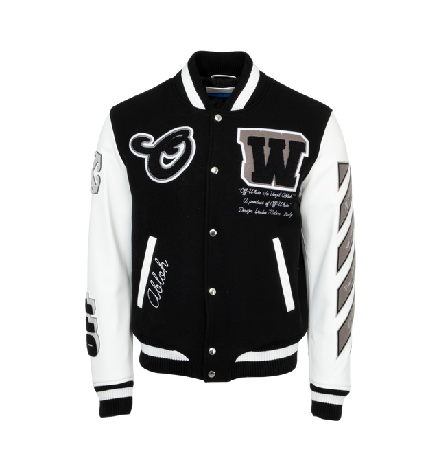 Image 1 of 3 - BLACK - OFF-WHITE Leather Wool Varsity Jacket featuring relaxed fit, leather sleeves with embroidered patches and classic ribbed detailing at the collar, waist and cuffs. 100% leather. 75% virgin wool, 25% polyamide.  