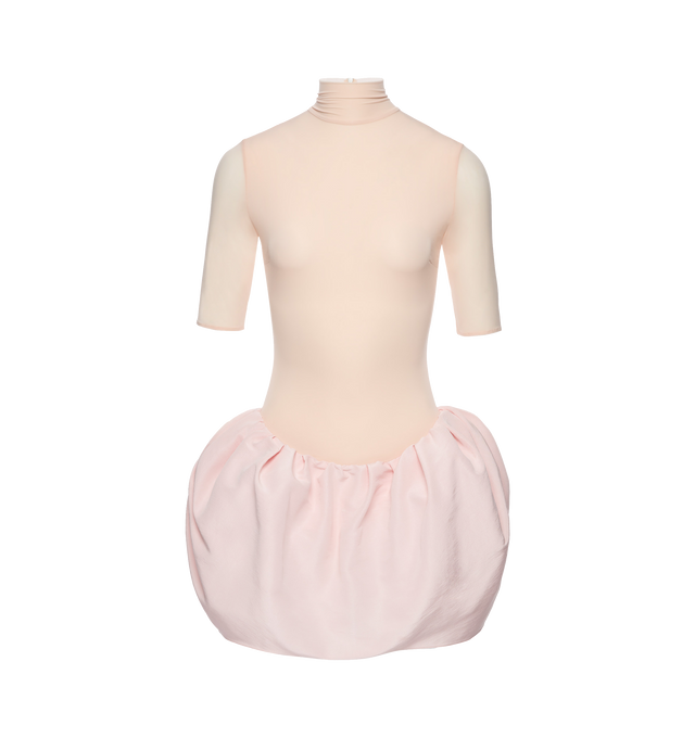 Image 1 of 2 - PINK - MAGDA BUTRYM Puff Skirt Mini Dress featuring a sculpted bubble skirt and a sleek, form-fitting bodice. The upper body has a high turtleneck and elbow-length sleeves. The skirt is crafted from silk for a voluminous effect. Designed with an invisible back zip and functional buttons at the skirt, this piece is fully lined and finished with an internal bodysuit for structure and support. 92% cupro, 8% elastane. 100% silk.