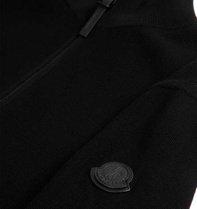 Image 2 of 2 - BLACK - MONCLER Cotton Zip-Up Cardigan featuring gauge 14, zipper closure and leather logo patch. 100% cotton.