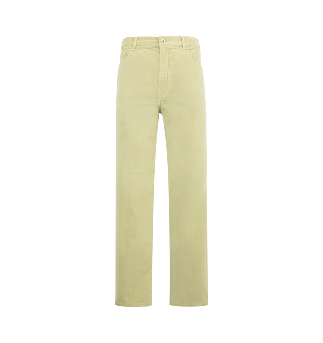 Image 1 of 3 - GREEN - AURALEE Pigment Dye Finx Corduroy Wide 5P Pant featuring 5 pocket style, button zip closure, corduroy, relaxed fit and belt loops. 100% cotton.
