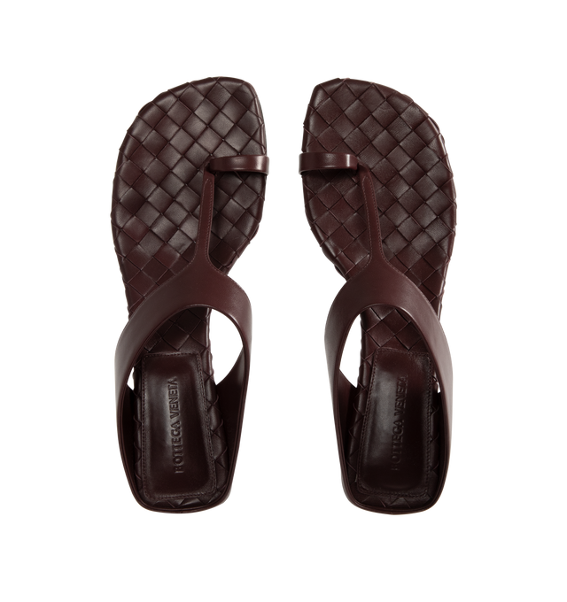 Image 4 of 4 - RED - Bottega Veneta Womens Kitten Heel Thong Sandals are crafted from nappa leather. Feature a toe-ring leather strap, Intrecciato leather insole, lambskin lining, kitten heel, and rubber-injected leather outsole. Upper: Nappa Leather; Lining: Lambskin; Outsole: Rubber-Injected Leather. Made in Italy.