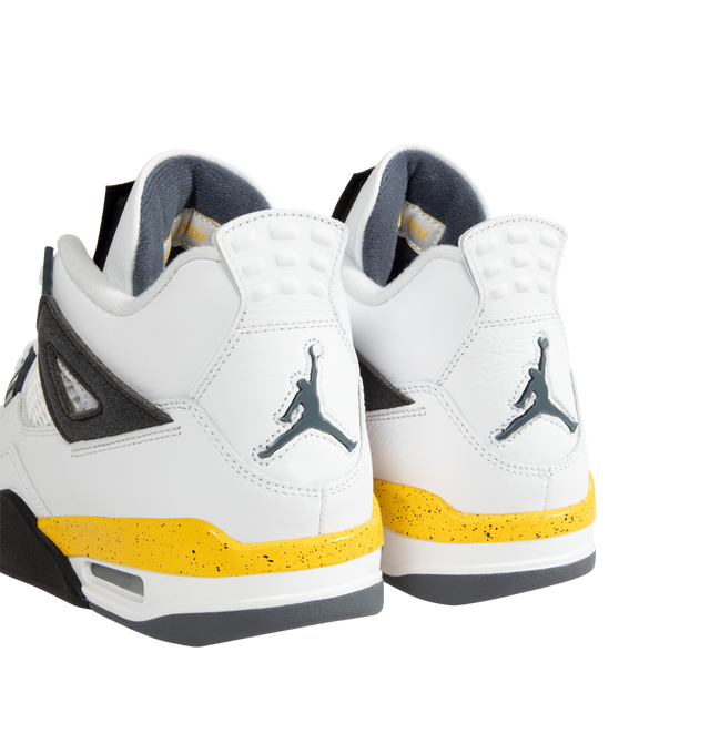 Image 3 of 5 - YELLOW - Air Jordan 4 Retro "Tour Yellow" Sneakers are crafted from premium leather and feature a white upper accented by a speckled Tour Yellow midsole, with Black and Dark Blue Grey details. Designed with the iconic AJ4 basketball silhouette, they are finished with Jumpman heel branding, a foam midsole, Nike Air and Max Air cushioning, and a durable rubber outsole. Main Material: Leather. Sole: Rubber. Cushioning: Nike Air and Max Air. Made for men.