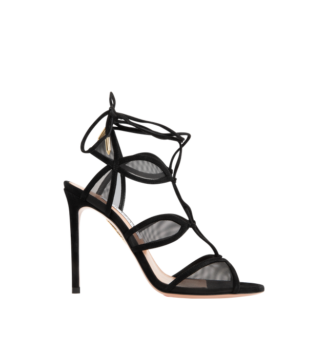 Image 1 of 4 - BLACK - AQUAZZURA Fatal Attraction Sandals featuring slender straps, soft black suede and mesh, point-toe, stiletto heels. 105mm/ 4 inches Black suede and mesh, ankle ties, padded leather insole and signature logo detailing. Heel height: 105 mm. Made in Italy.
