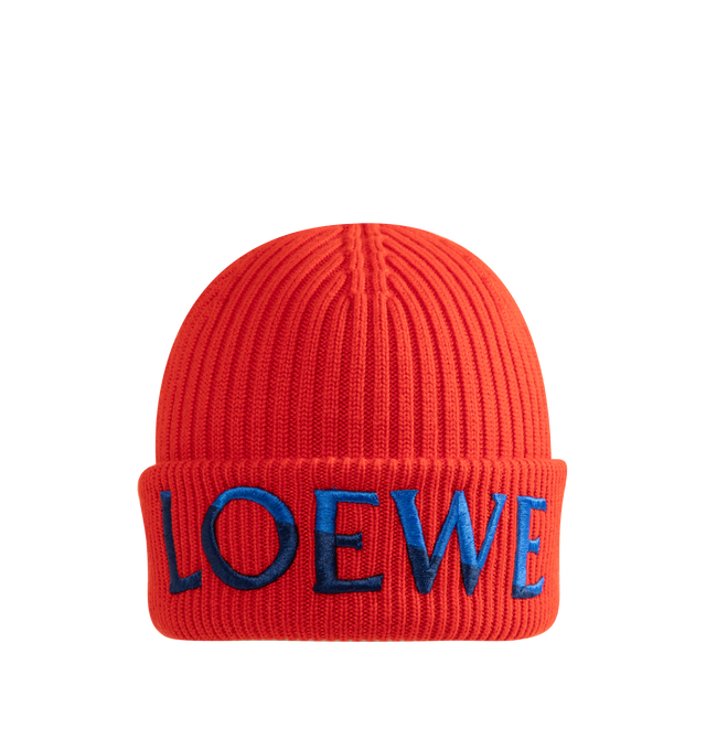 Image 1 of 2 - RED - Loewe Beanie in Wool is crafted from medium-weight ribbed wool knit and features a classic minimalist silhouette designed for everyday wear. The textured ribbed construction provides warmth and comfort, while the understated design reflects the house's signature approach to refined essentials. Main Material: Wool. Features: medium-weight knit, ribbed construction. Height 26 cm x Width 21.5 cm.