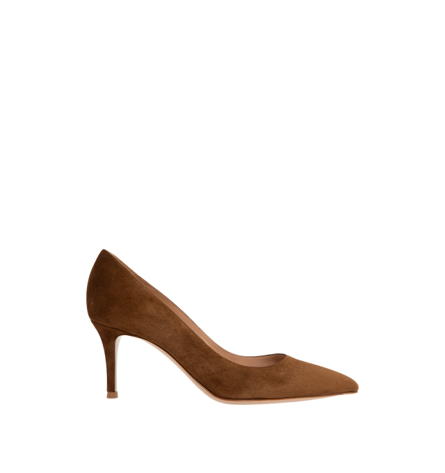 Image 1 of 4 - BROWN - GIANVITO ROSSI Gianvito Pump featuring 70mm stiletto heel, pointy toe and slip on style. Heel height: 2.8 inches. 100% suede.