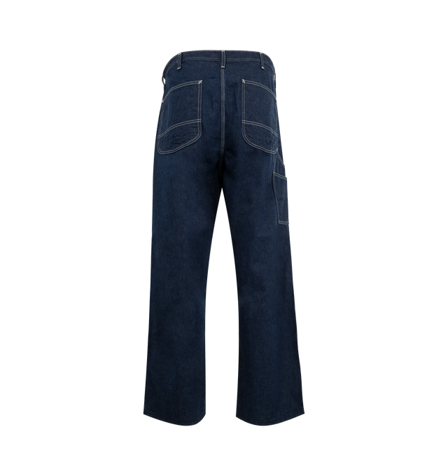 Image 2 of 3 - NAVY - ORSLOW Wide Fit 30's Painter Pants featuring five-pocket detailing, white stitching, a zipper fly with snap button closure, and aged copper rivets. 100% cotton. Made in Japan.