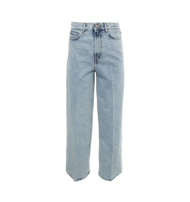 Image 1 of 4 - BLUE - TOTEME Wide Leg Denim featuring high waistline and long, wide legs that are press-creased, belt loops, five pockets and zipper fly. 100% cotton organic. Made in Italy.