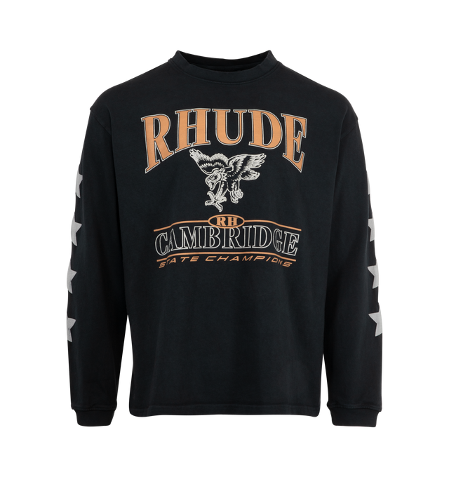 Image 1 of 3 - BLACK - RHUDE Cambridge State Champions Tee featuring rib-knit crewneck, logo graphic printed at front and on sleeves, long sleeves and dropped shoulders. 100% cotton. Made in USA.