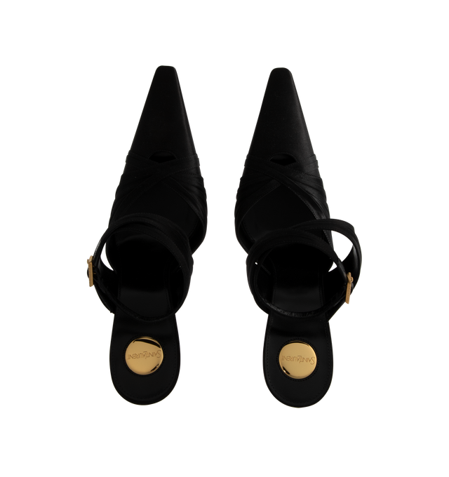 Image 4 of 4 - BLACK - SAINT LAURENT Doville Calypso Pump featuring an exaggerated pointed toe, covered stiletto heel and crisscrossed ankle strap with gold buckle. Leather sole. 110MM heel. Made in Italy.