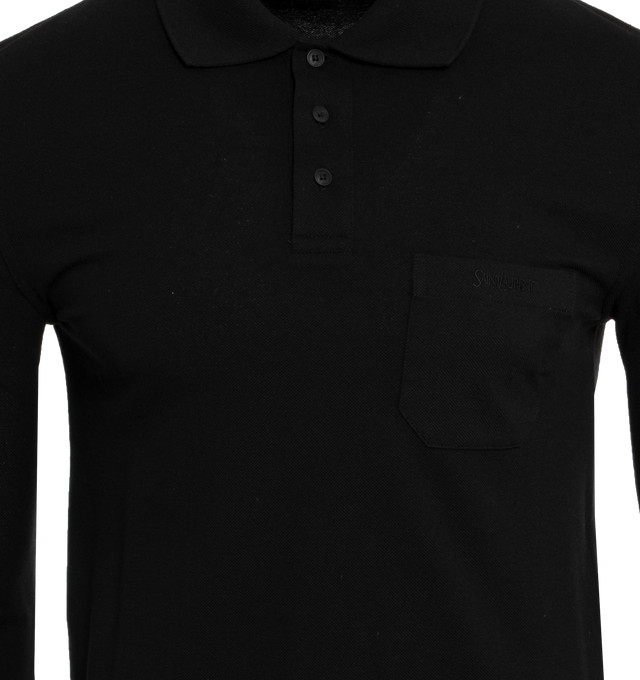 Image 3 of 3 - BLACK - SAINT LAURENT Polo Shirt featuring long sleeves, side slits and patch pocket on chest, tonal embroidery, three button placket and pointed collar. 50% cotton, 50% polyester. 